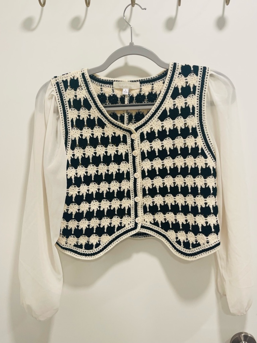 Crochet Knit Black & Cream Button-Front Vest Blouse